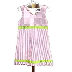 Adorable Girl's Pink Seersucker Dress Grosgrain Ribbons Sz 5 EUC Hartstrings